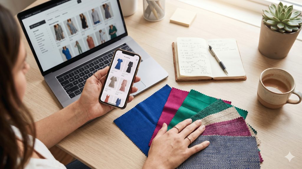 Boutique owner researching China dress sourcing agent options on laptop with fabric samples