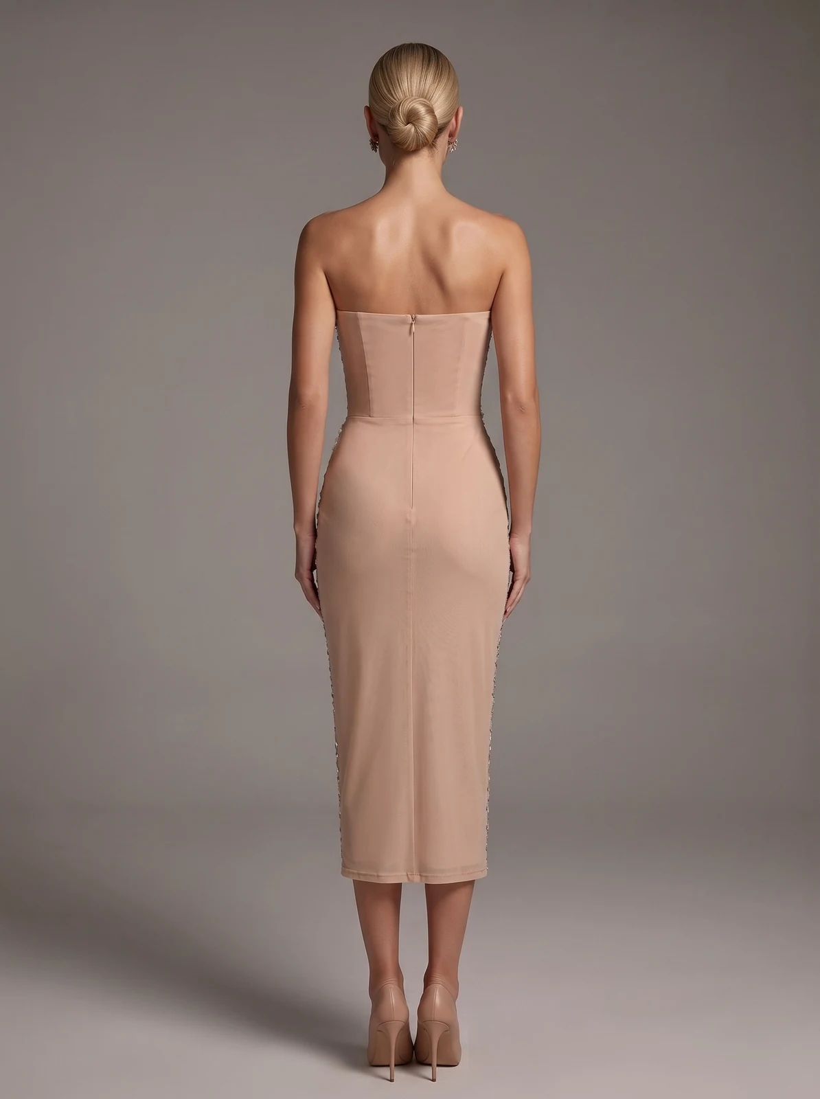Back view of apricot strapless sequin lattice midi dress