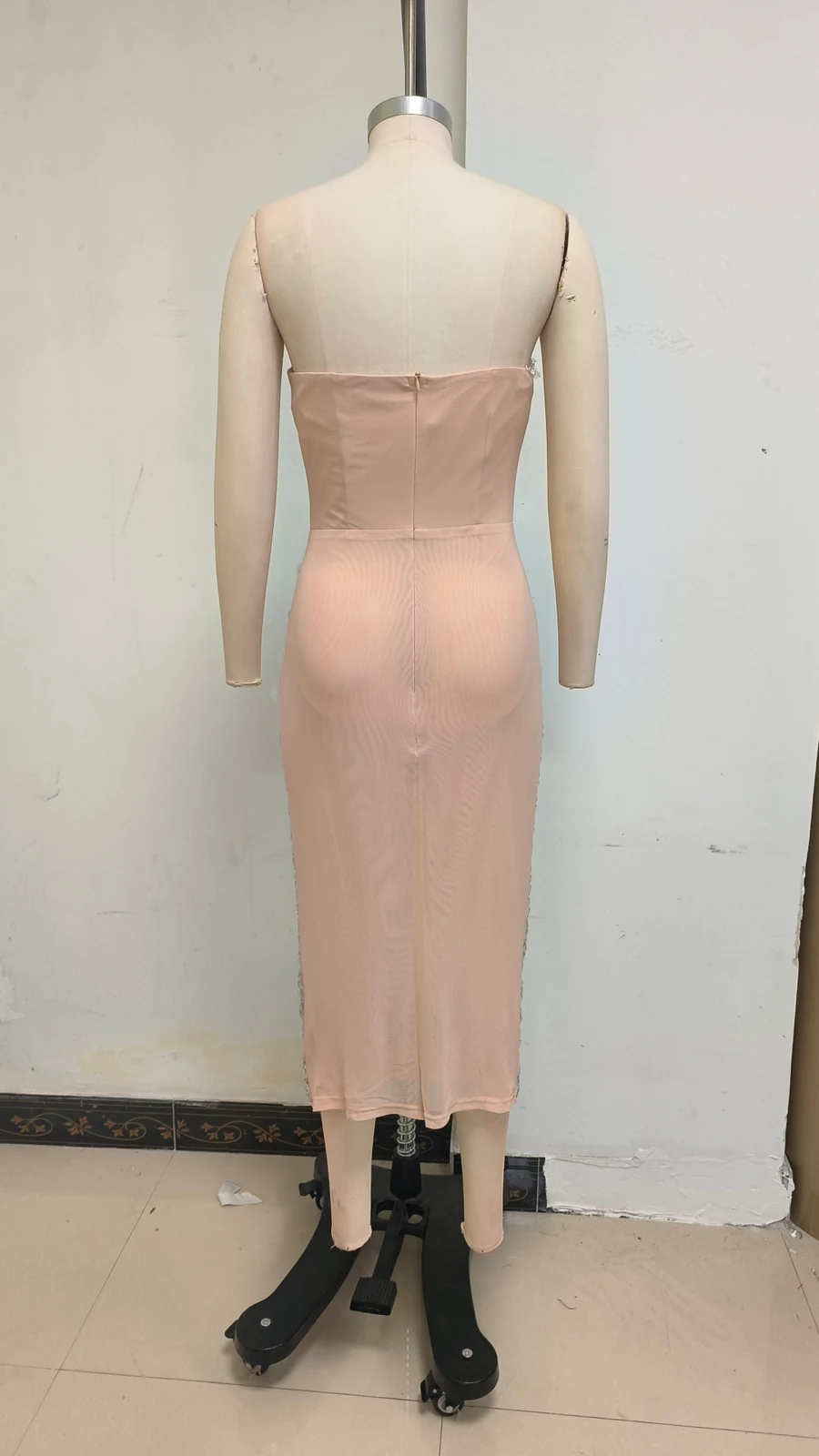 Real photo of apricot strapless sequin lattice midi dress, back view