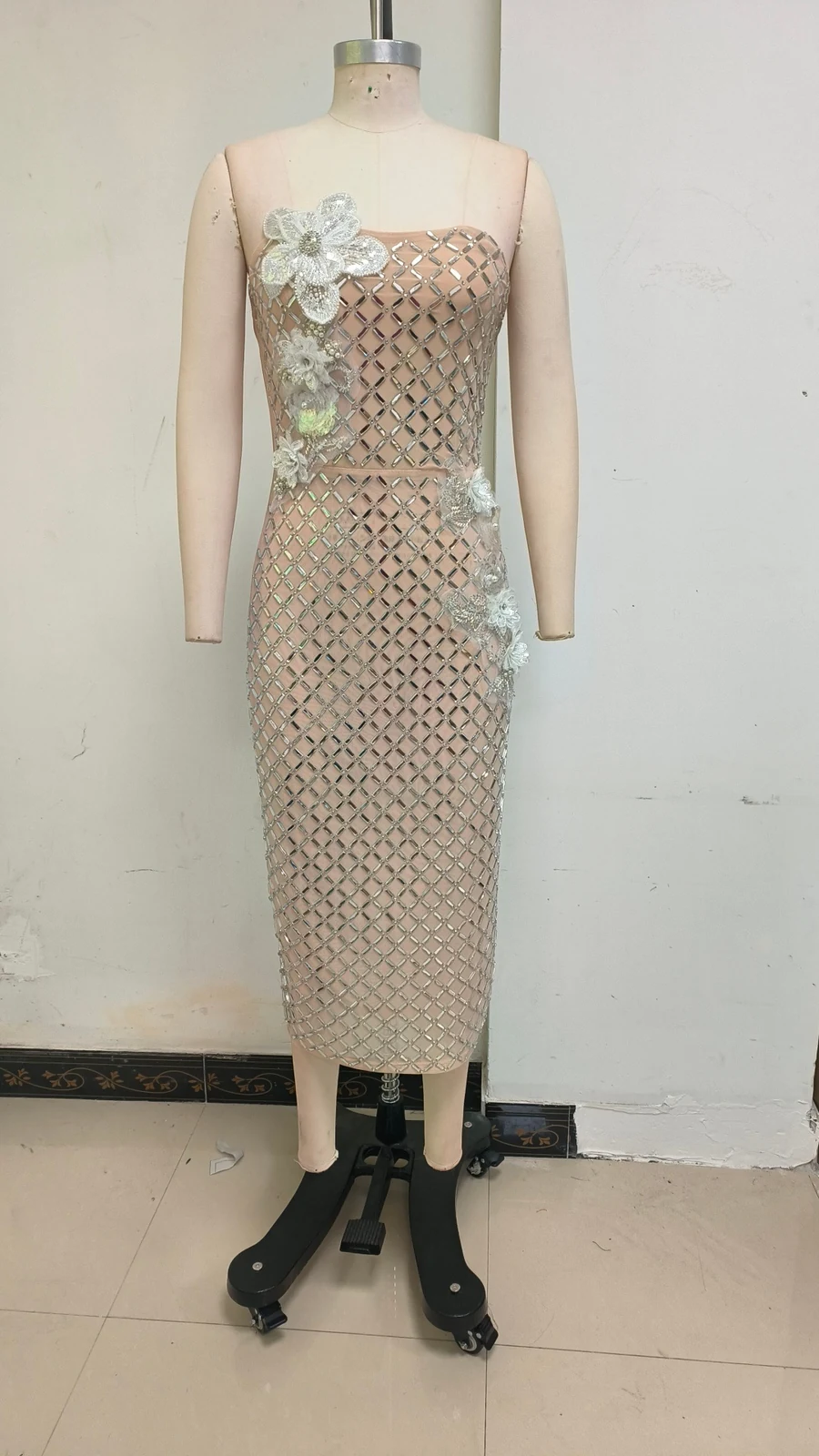 Real photo of apricot strapless sequin lattice midi dress, front view