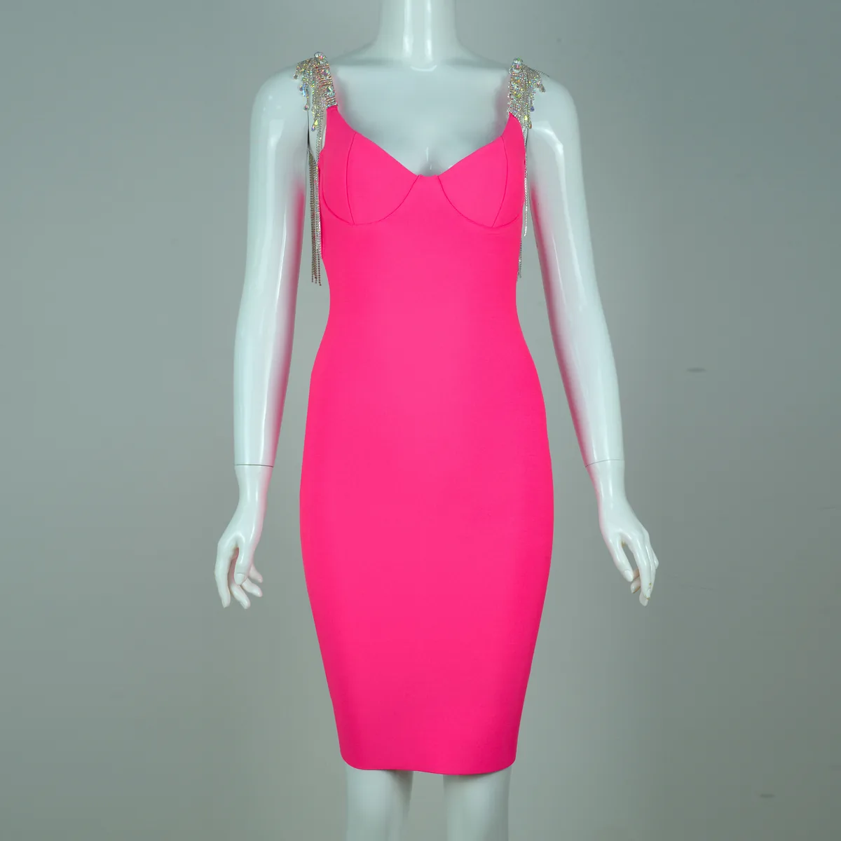 Rose red rhinestone fringe strap V neck bandage dress real product photo on mannequin, front view
