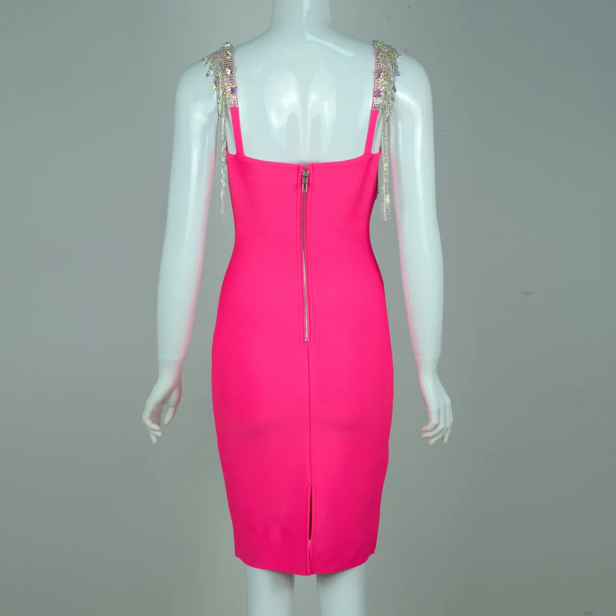Rose red rhinestone fringe strap V neck bandage dress real product photo on mannequin, back view with zipper