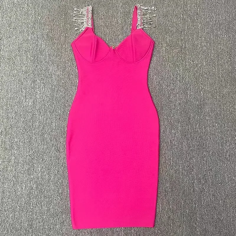 Rose red rhinestone fringe strap V neck bandage dress real product flat lay photo