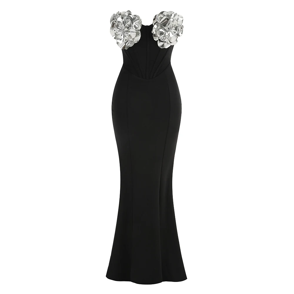 Real photo of black strapless mermaid maxi dress with silver flower bust, front view