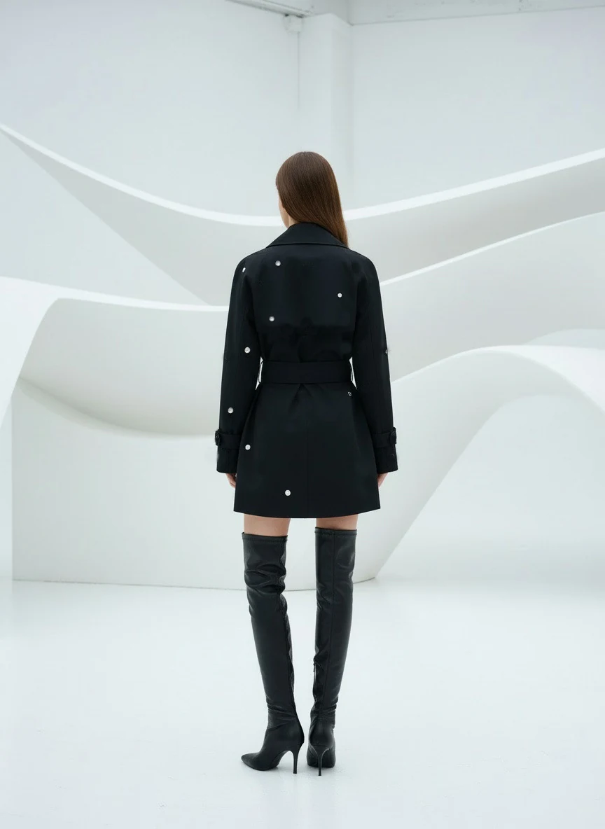 Back view of black crystal studded belted blazer dress