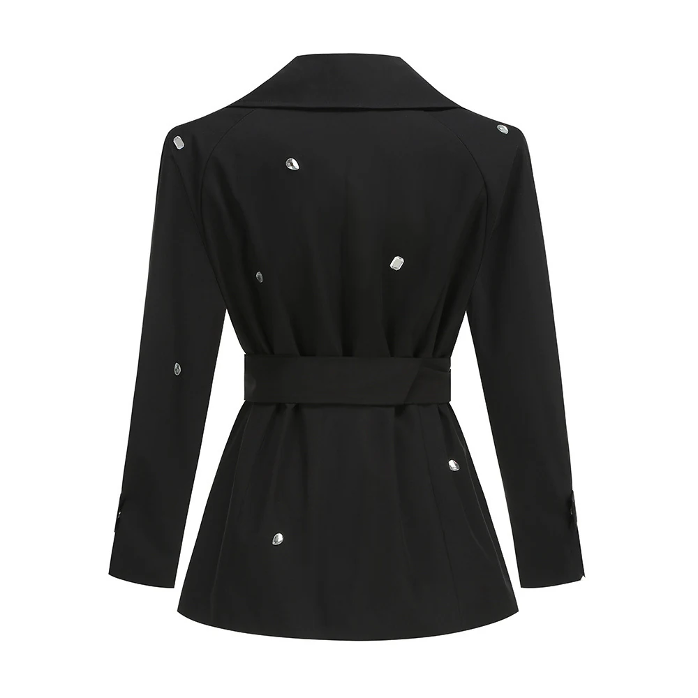 Real photo of black crystal studded belted blazer dress, back view