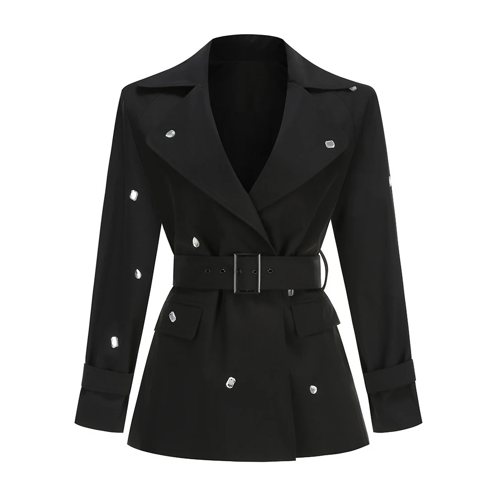 Real photo of black crystal studded belted blazer dress, front view