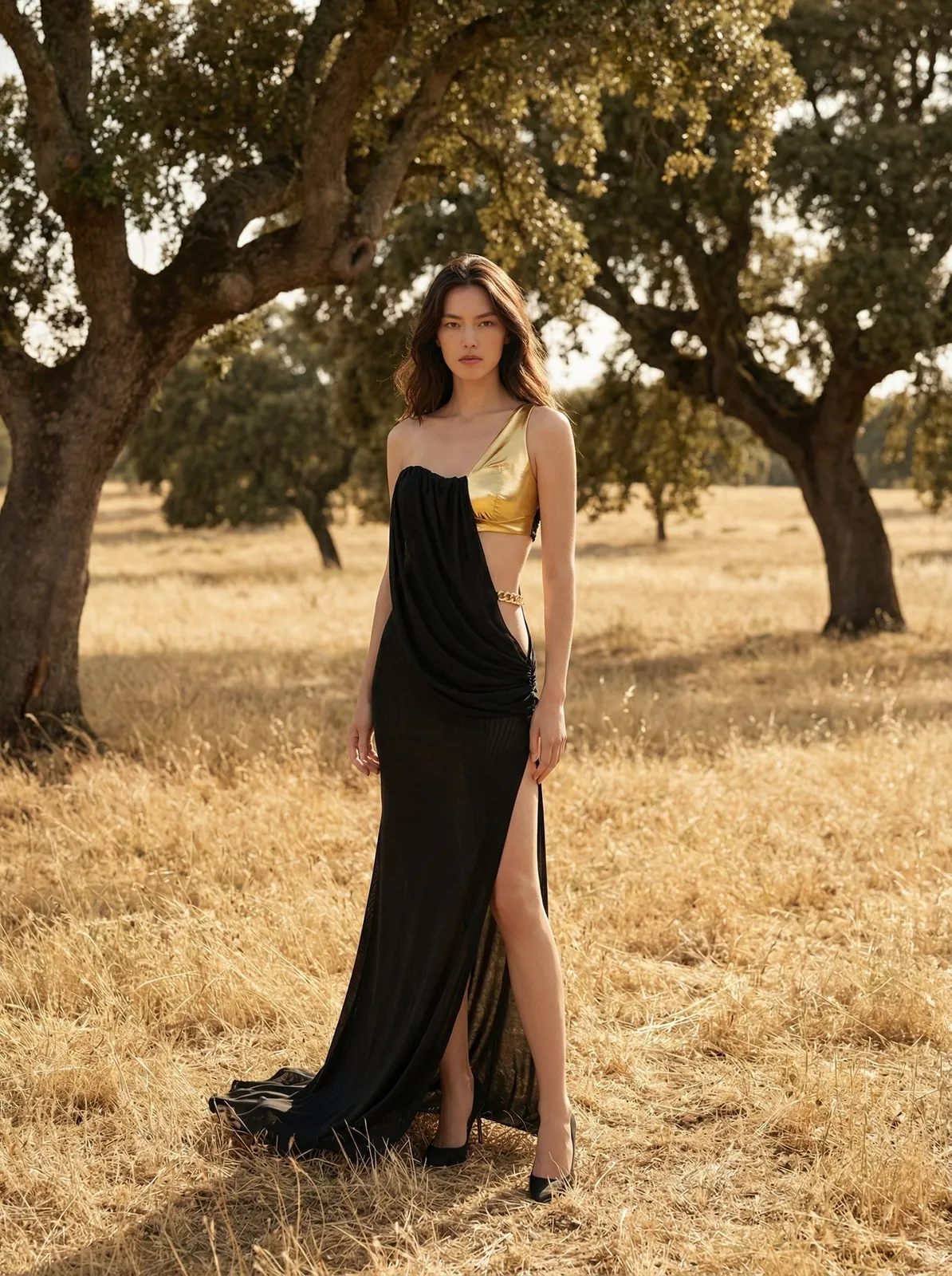 Model in black one-shoulder gold accent maxi dress outdoors