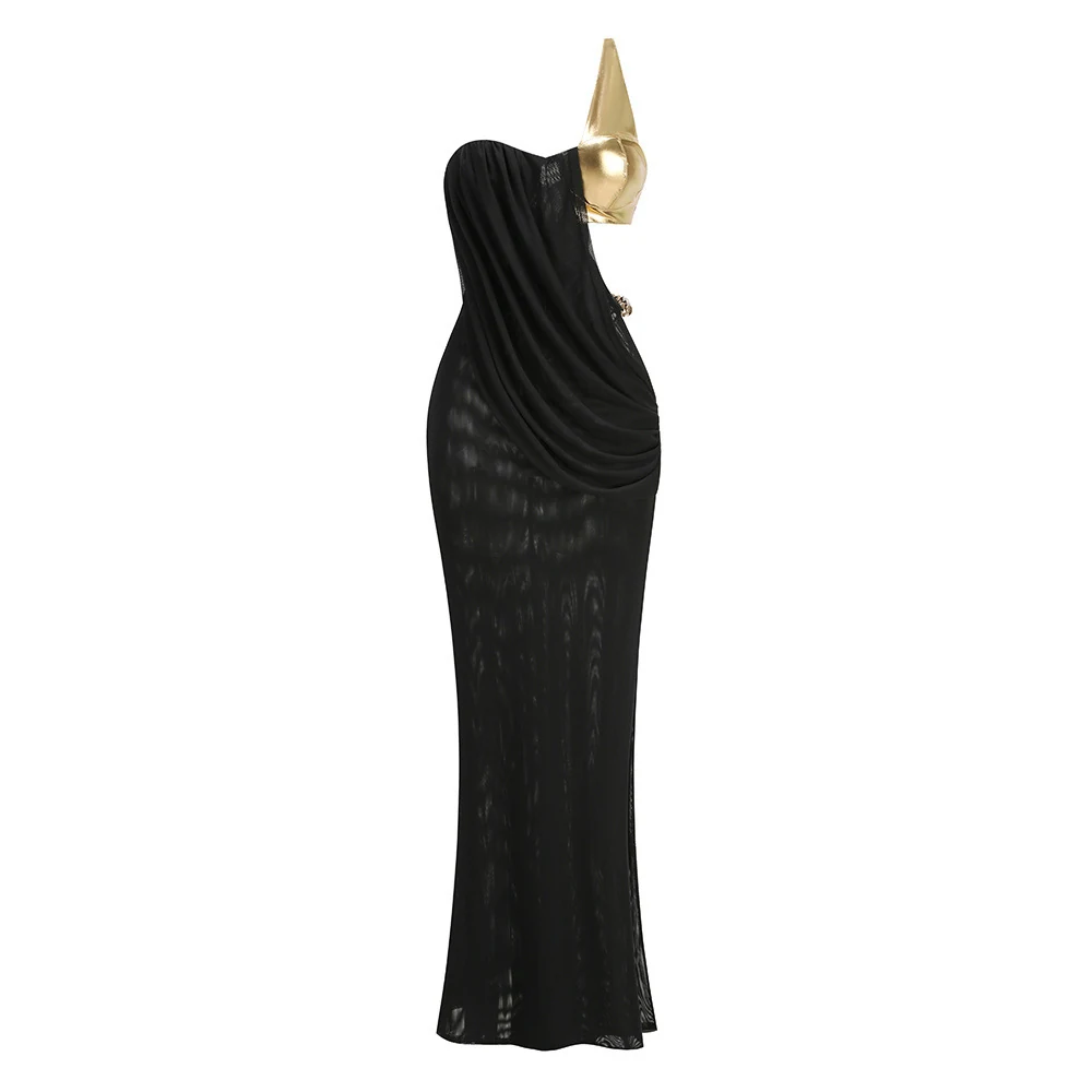 Real photo of black one-shoulder maxi dress with gold accent