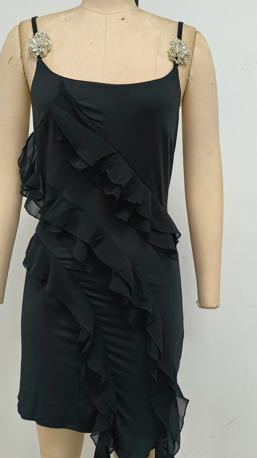 Real photo of black rhinestone strap asymmetric ruffle mini dress, front view
