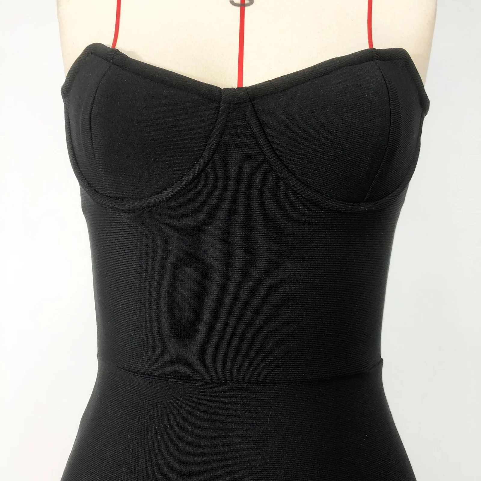 Close-up real photo of the black bandage maxi dress sweetheart bodice with underwire cups