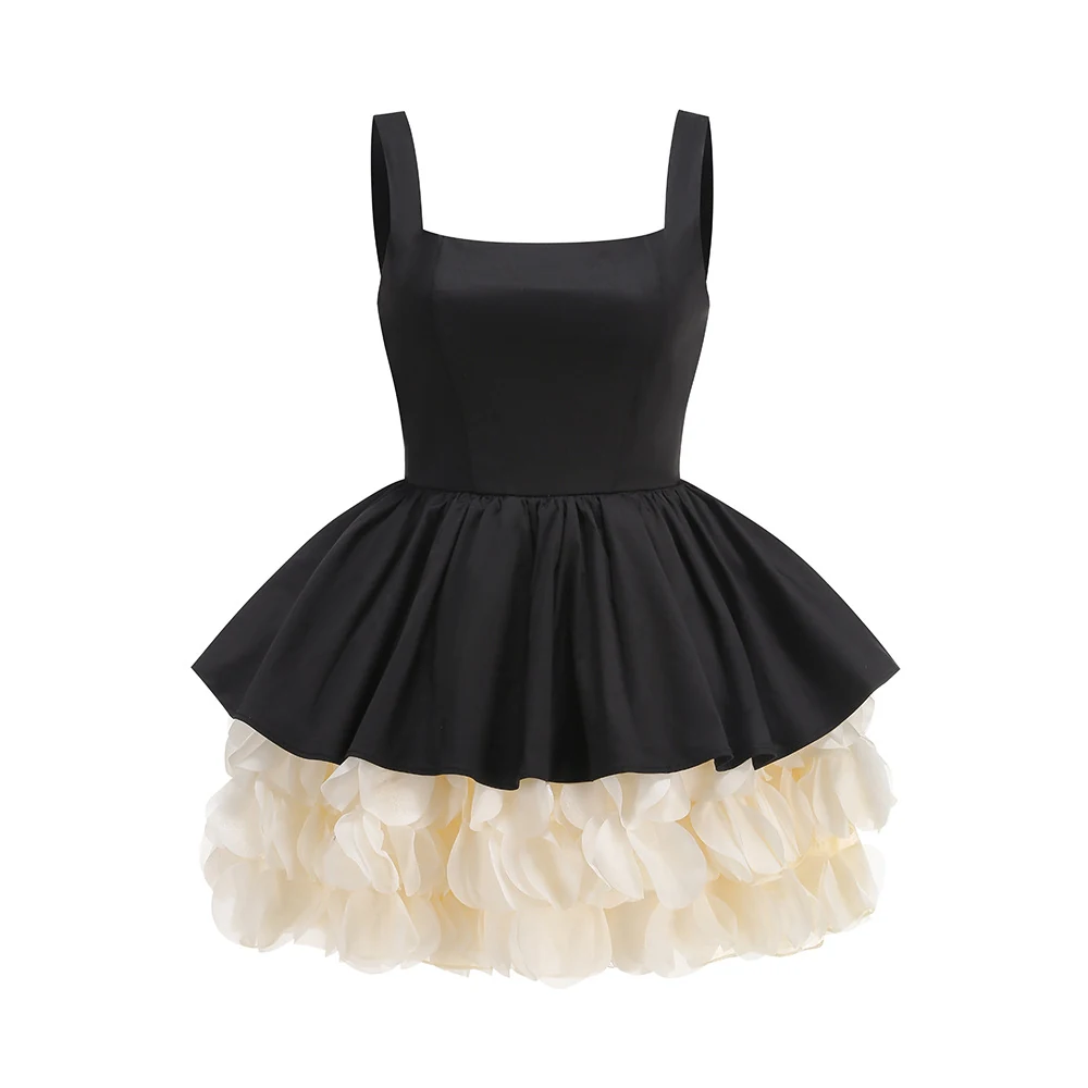 Real photo of black square neck puffball mini dress with cream ruffle hem