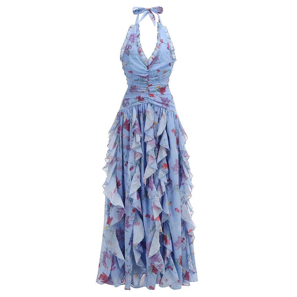 Real photo of blue floral halter ruffle maxi dress, front view