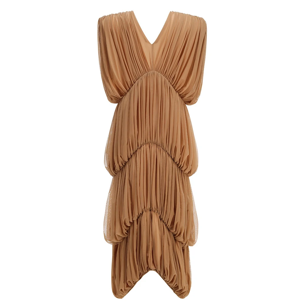 Real photo of brown deep V tiered ruched maxi dress, back view