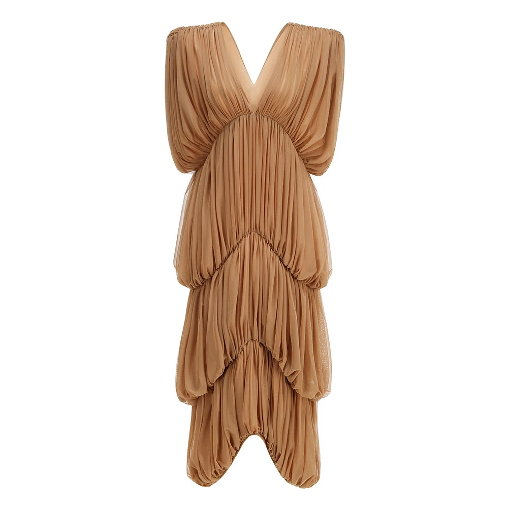Real photo of brown deep V tiered ruched maxi dress, front view