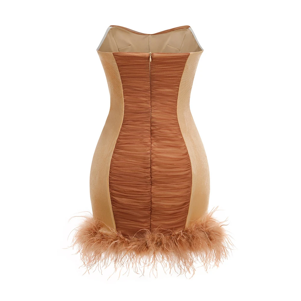 Real photo of caramel brown feather hem mini dress, back view