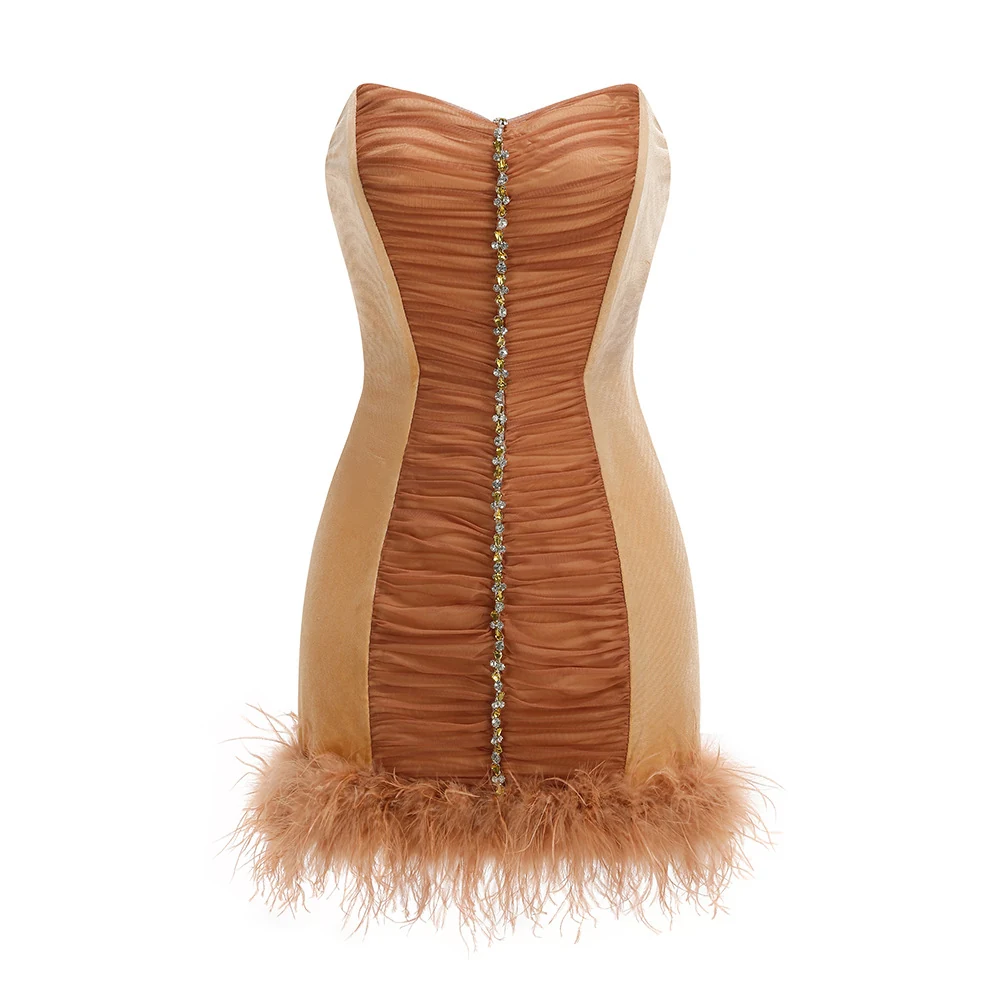 Real photo of caramel brown strapless ruched feather hem mini dress, front view