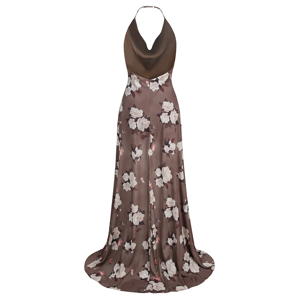 Real photo of brown floral satin maxi dress, open back view
