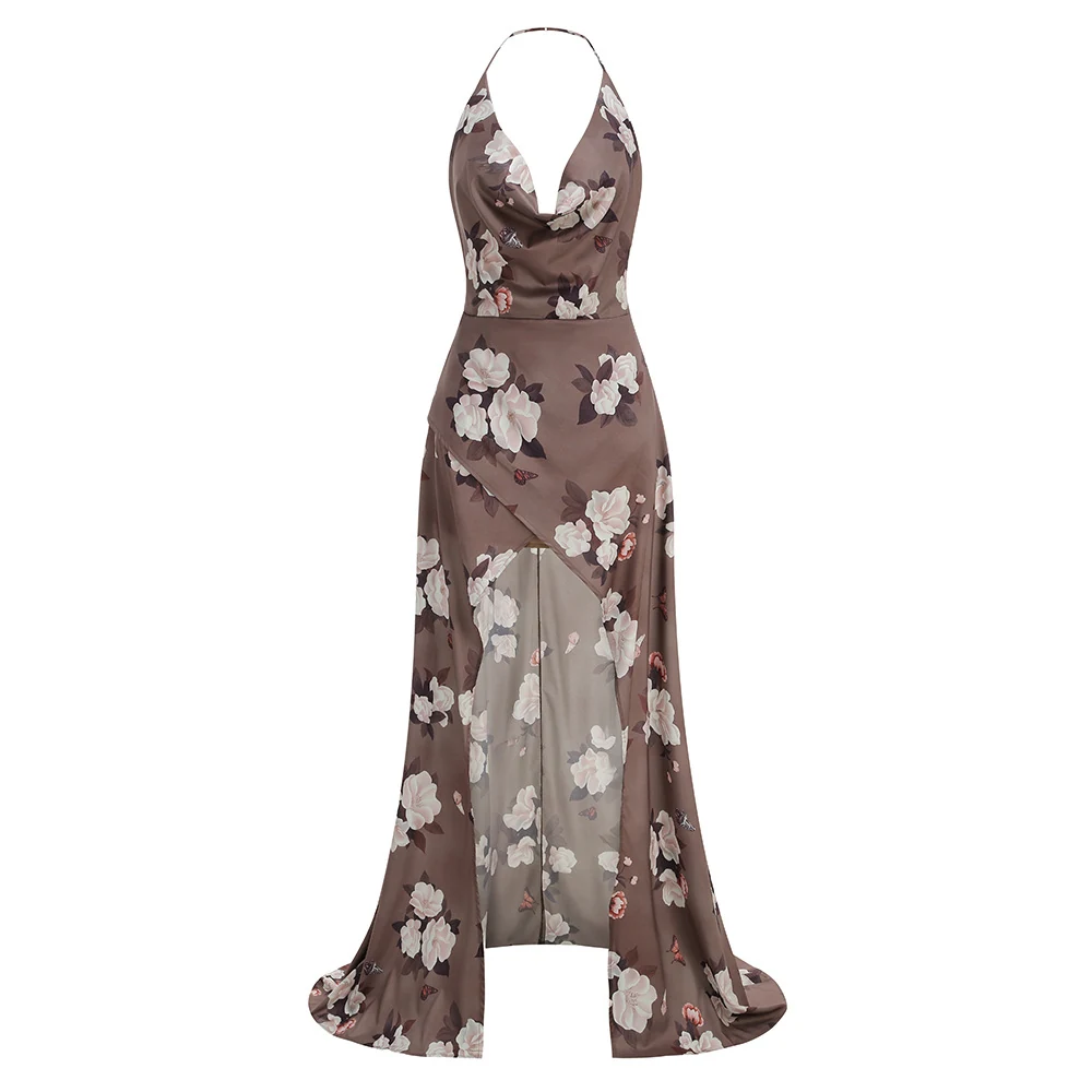 Real photo of brown floral satin halter cowl neck maxi dress, front view