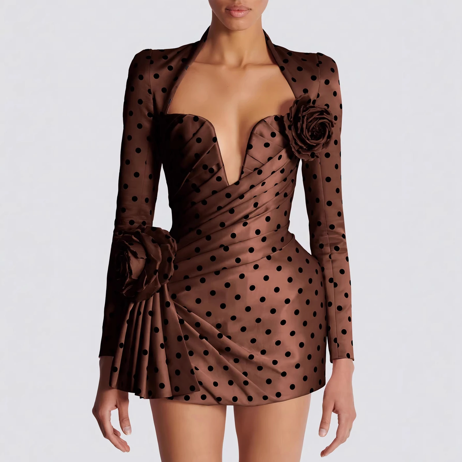 Dark brown polka dot deep V long sleeve mini dress with 3D rose flowers and ruched waist