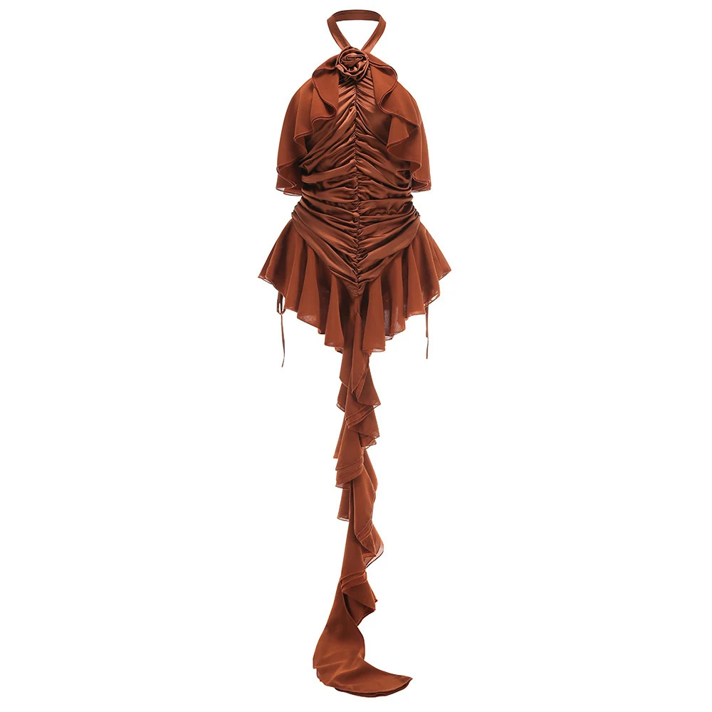 Real photo of caramel brown halter rosette ruffle mini dress, front view