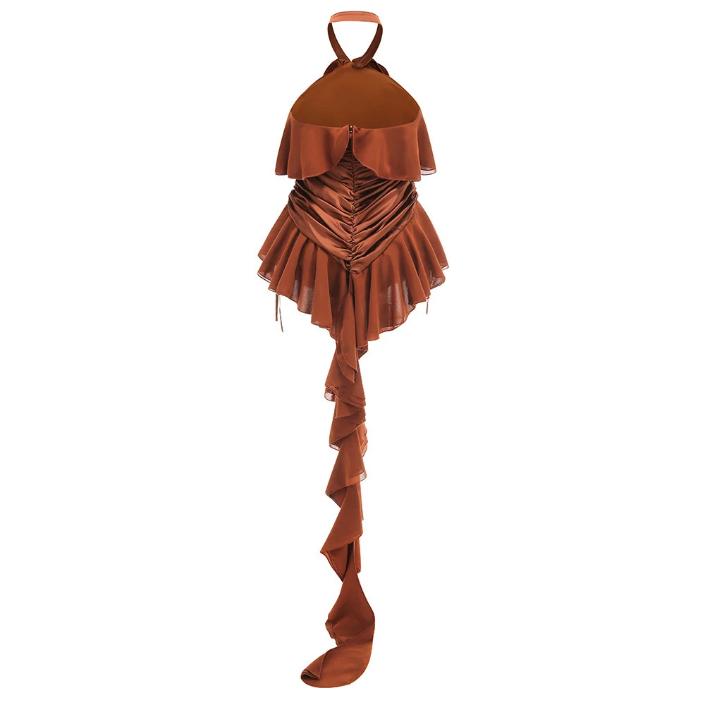 Real photo of caramel brown halter ruffle mini dress, back view