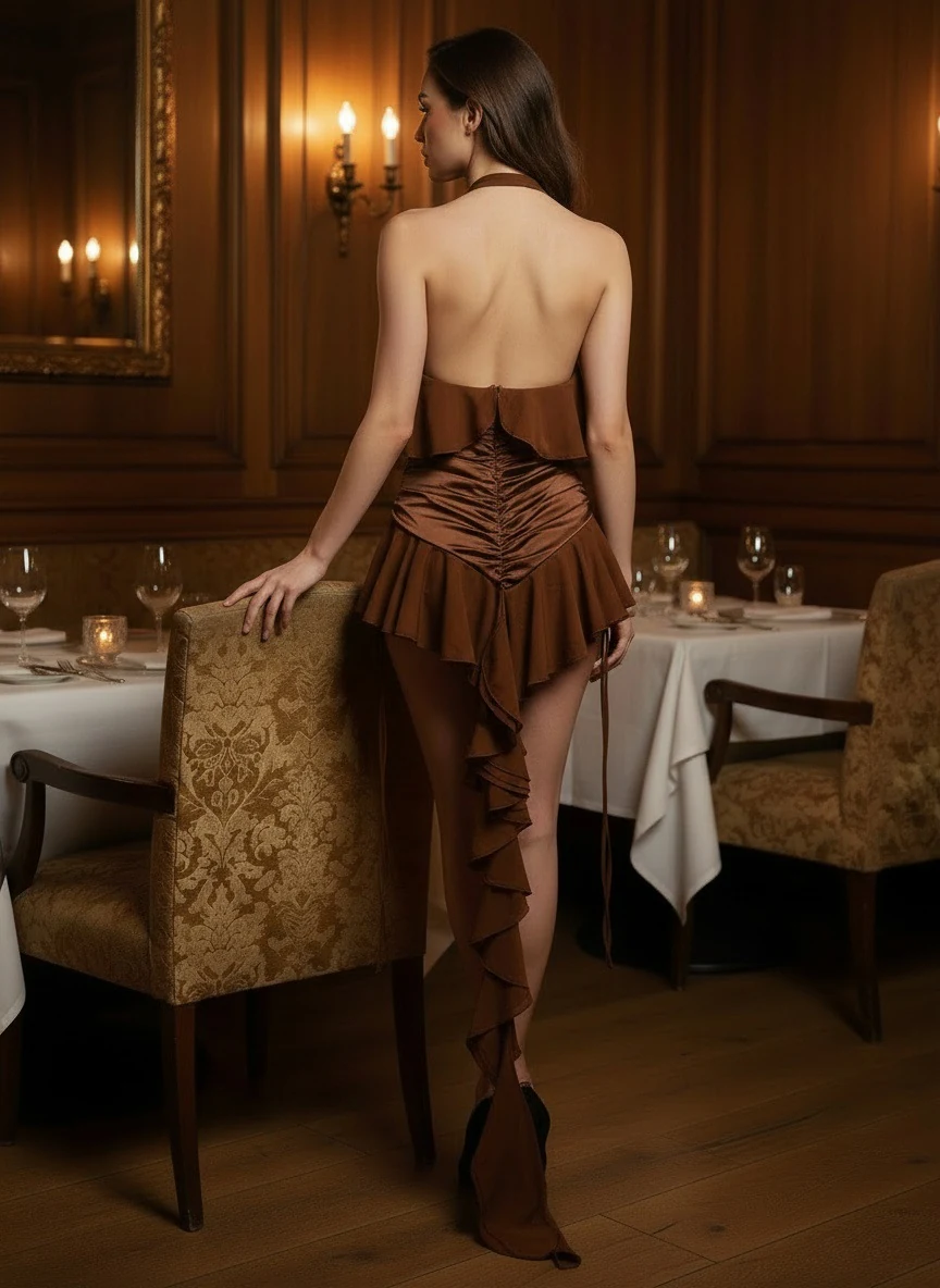 Back view of caramel brown halter ruffle mini dress