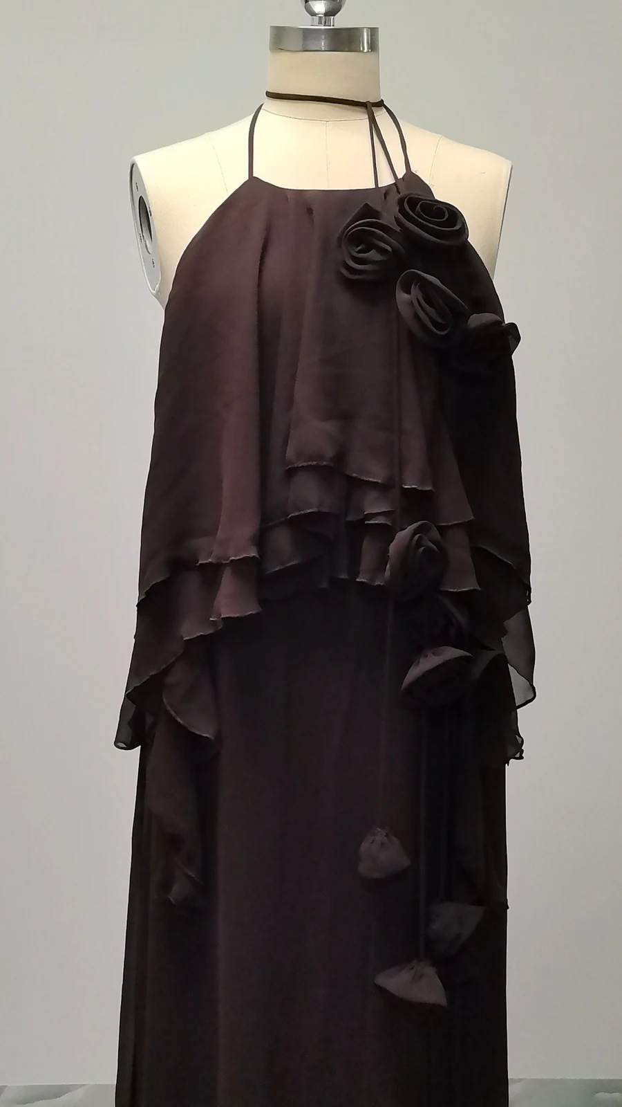 Real photo of coffee 3D rose chiffon maxi dress on a mannequin
