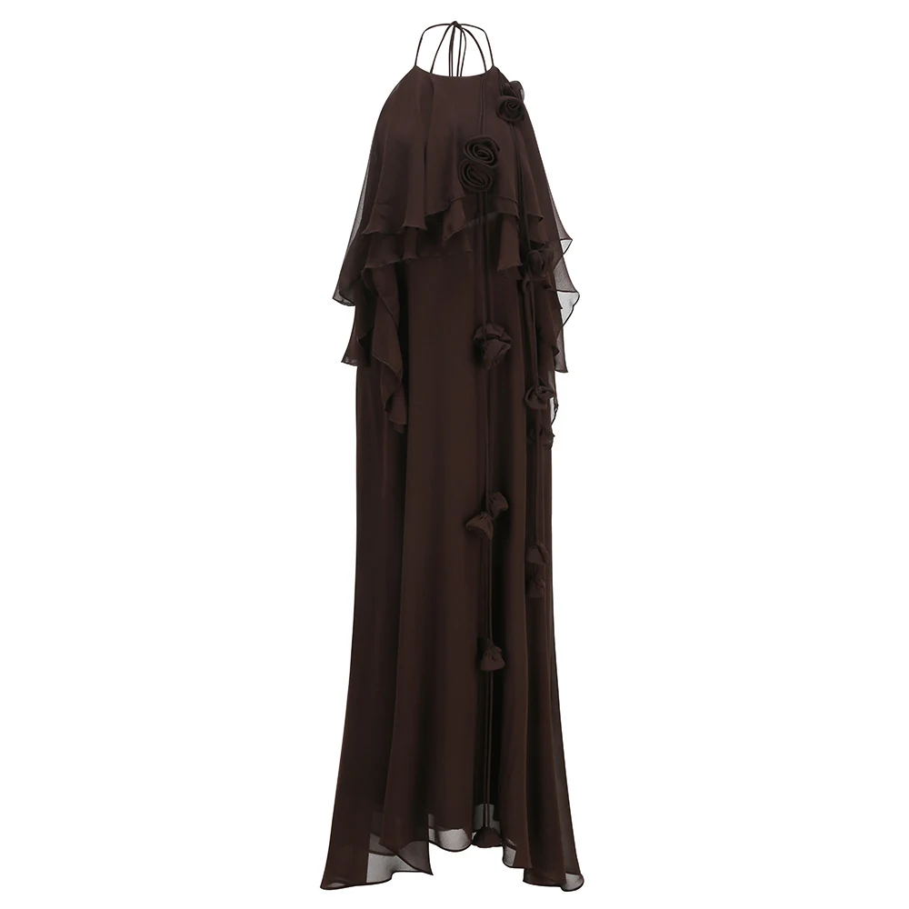 Real photo of coffee halter 3D rose chiffon maxi dress, front view