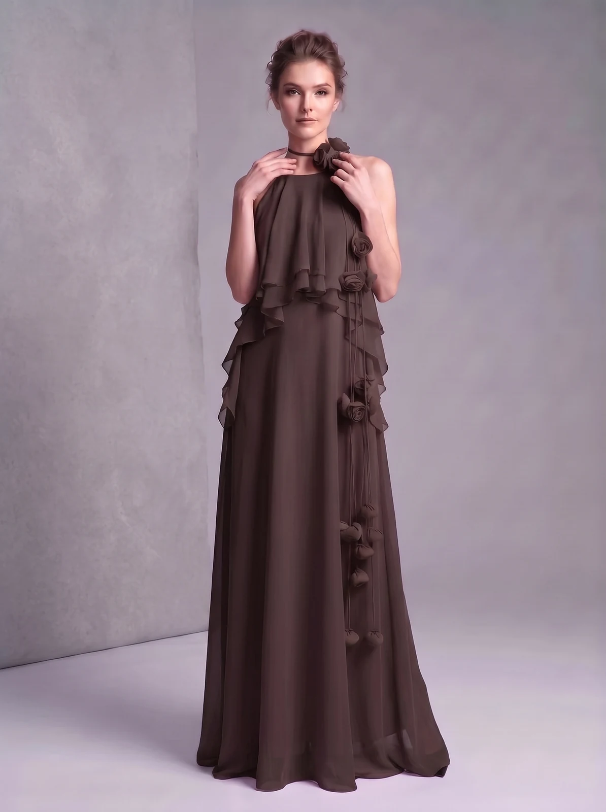 Model wearing coffee halter 3D rose tiered ruffle chiffon maxi dress, front view