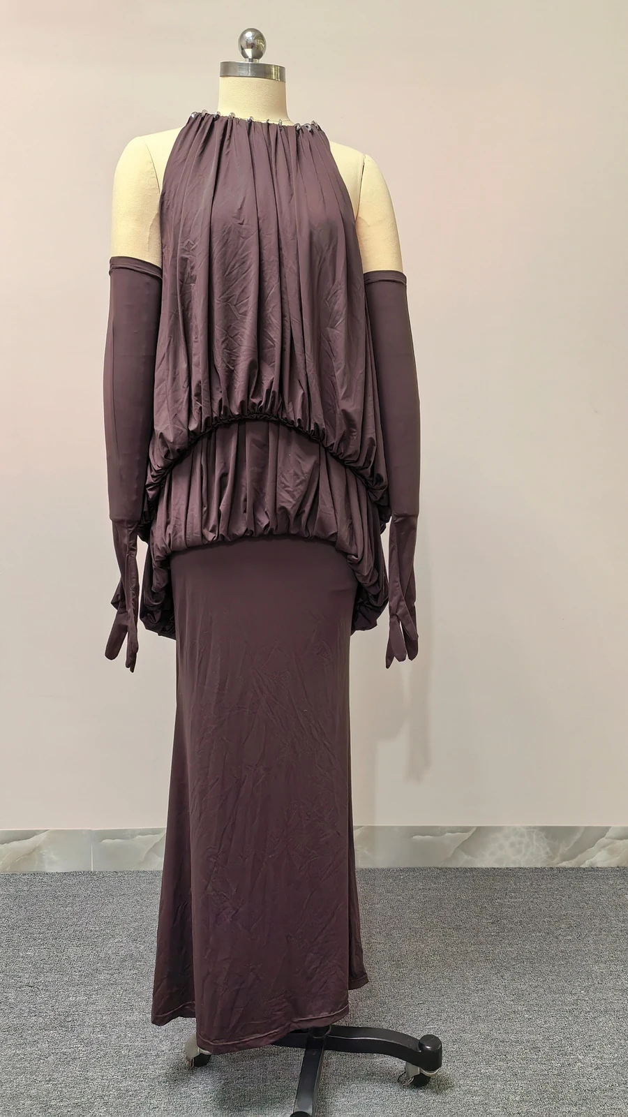 Real photo of coffee halter blouson maxi dress on a mannequin