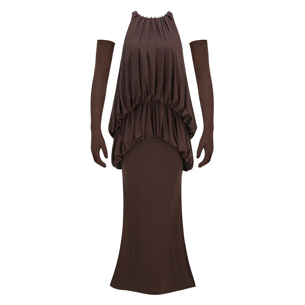 Real photo of coffee halter blouson mermaid maxi dress with gloves, front view