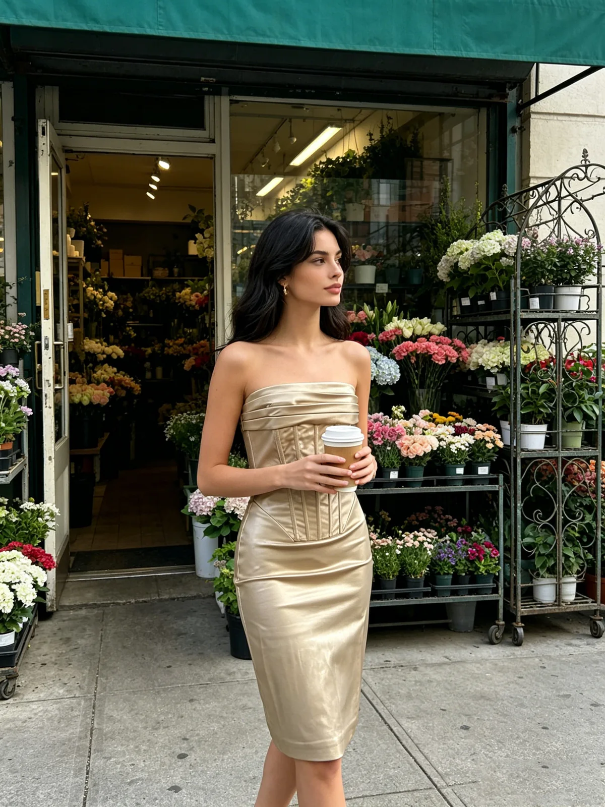 Model wearing gold metallic strapless corset midi dress, front view
