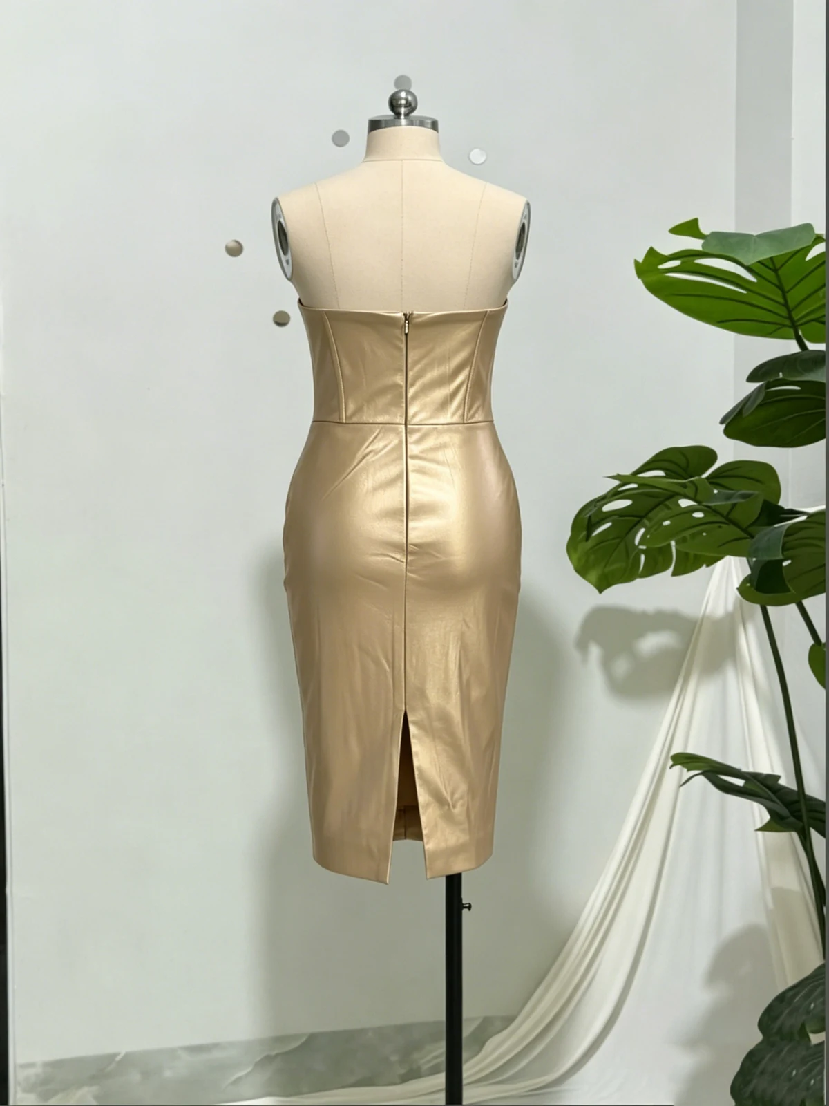 Real photo of gold metallic strapless corset midi dress, back view