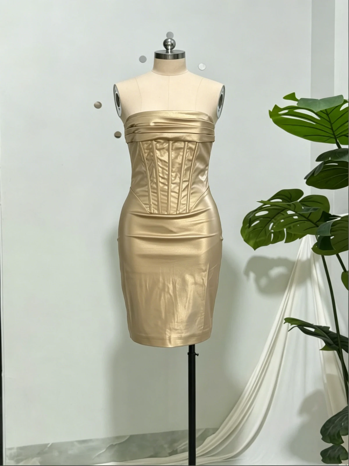 Real photo of gold metallic strapless corset midi dress, front view
