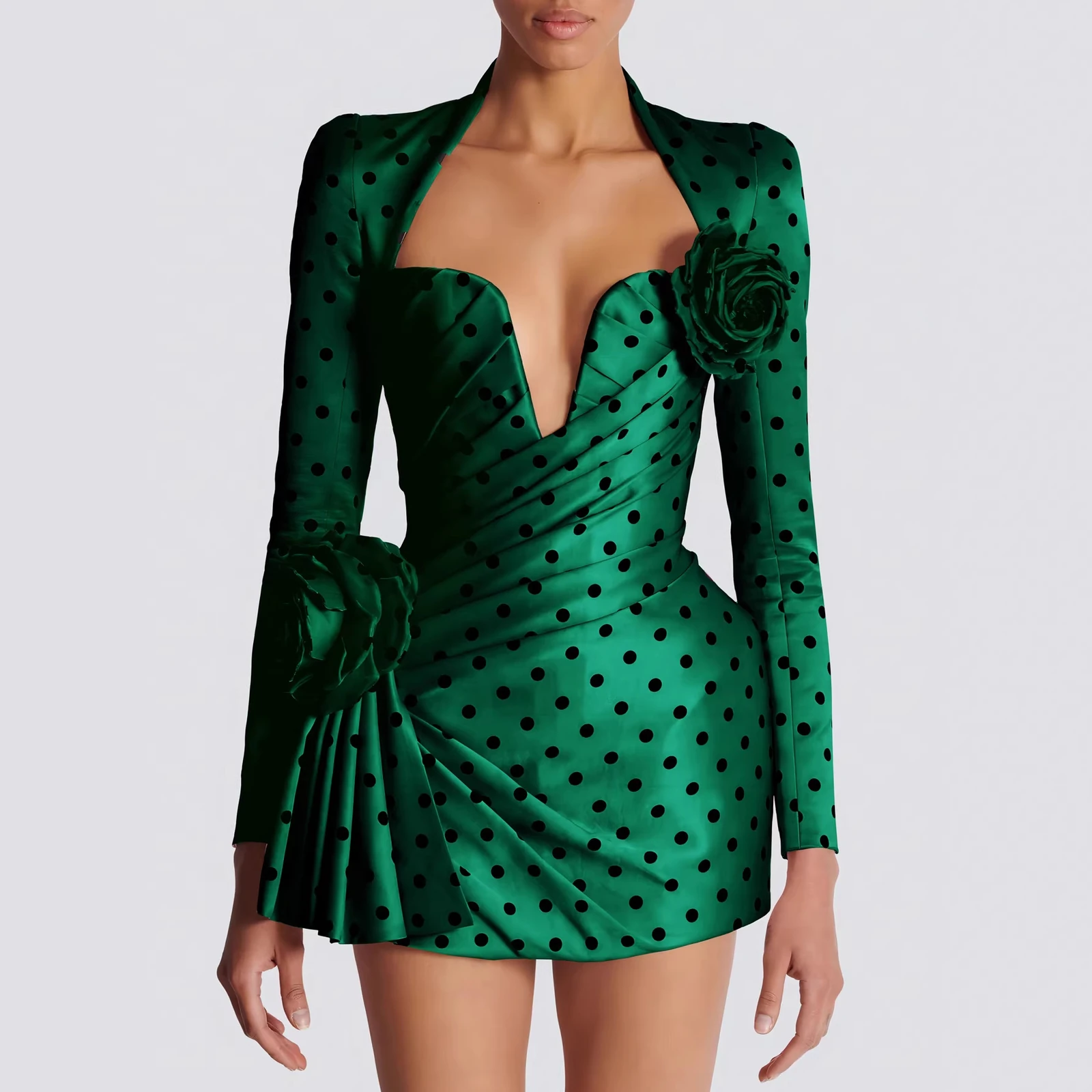 Green polka dot deep V long sleeve mini dress with 3D rose flowers and ruched waist
