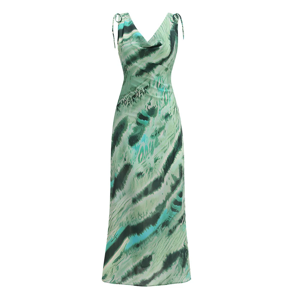 Real photo of green abstract print cowl neck maxi dress