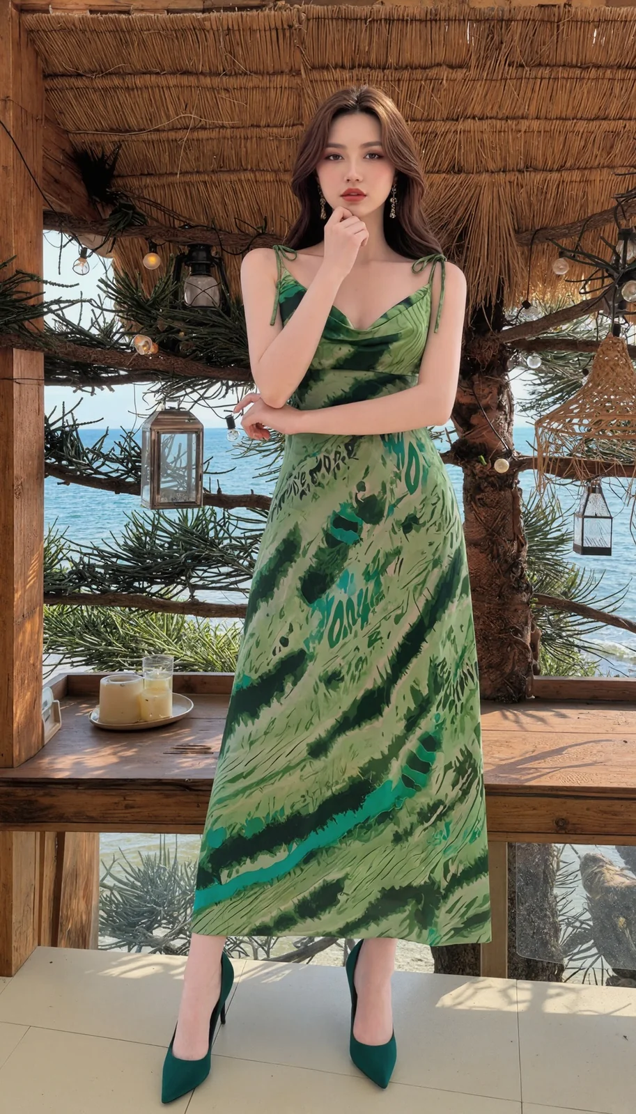 Model in green abstract print maxi dress on a terrace