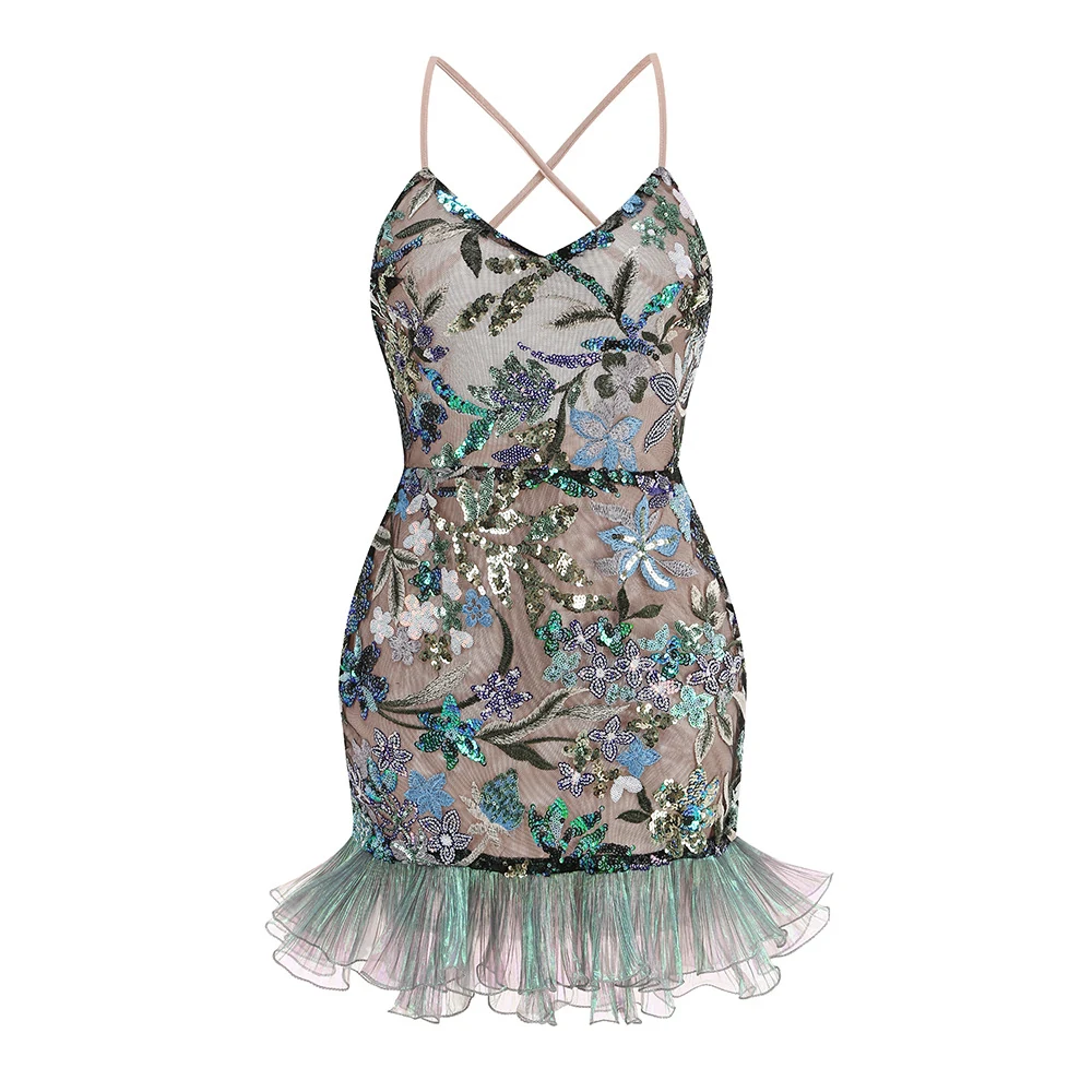 Real photo of green sequin floral ruffle hem mini dress, front view