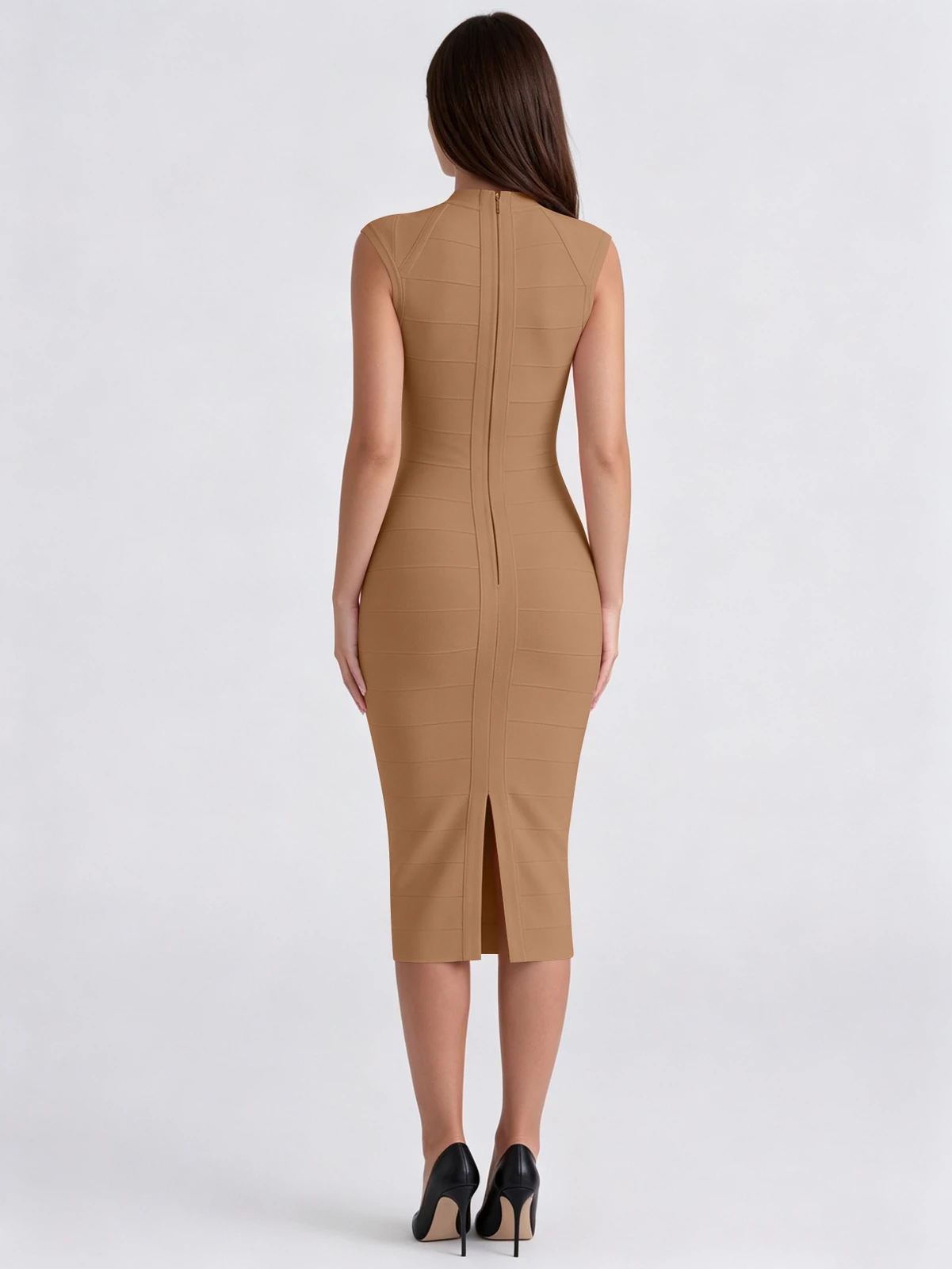 Back view of khaki bodycon bandage midi dress with back slit