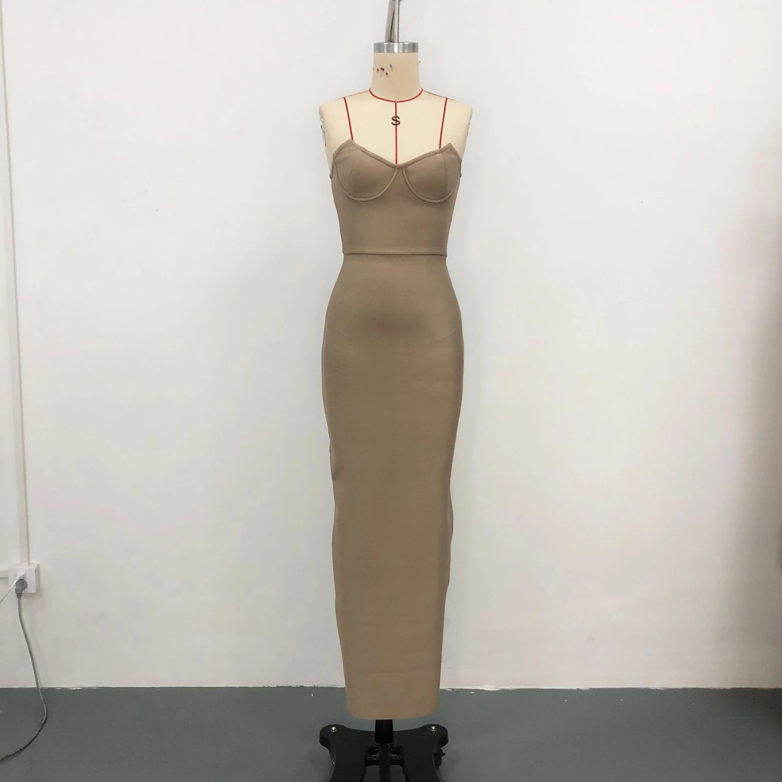 Real photo of khaki strapless sweetheart bandage maxi dress on a mannequin