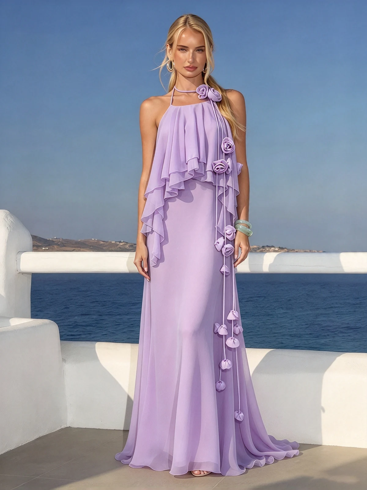 Model in lavender 3D rose chiffon maxi dress by the sea
