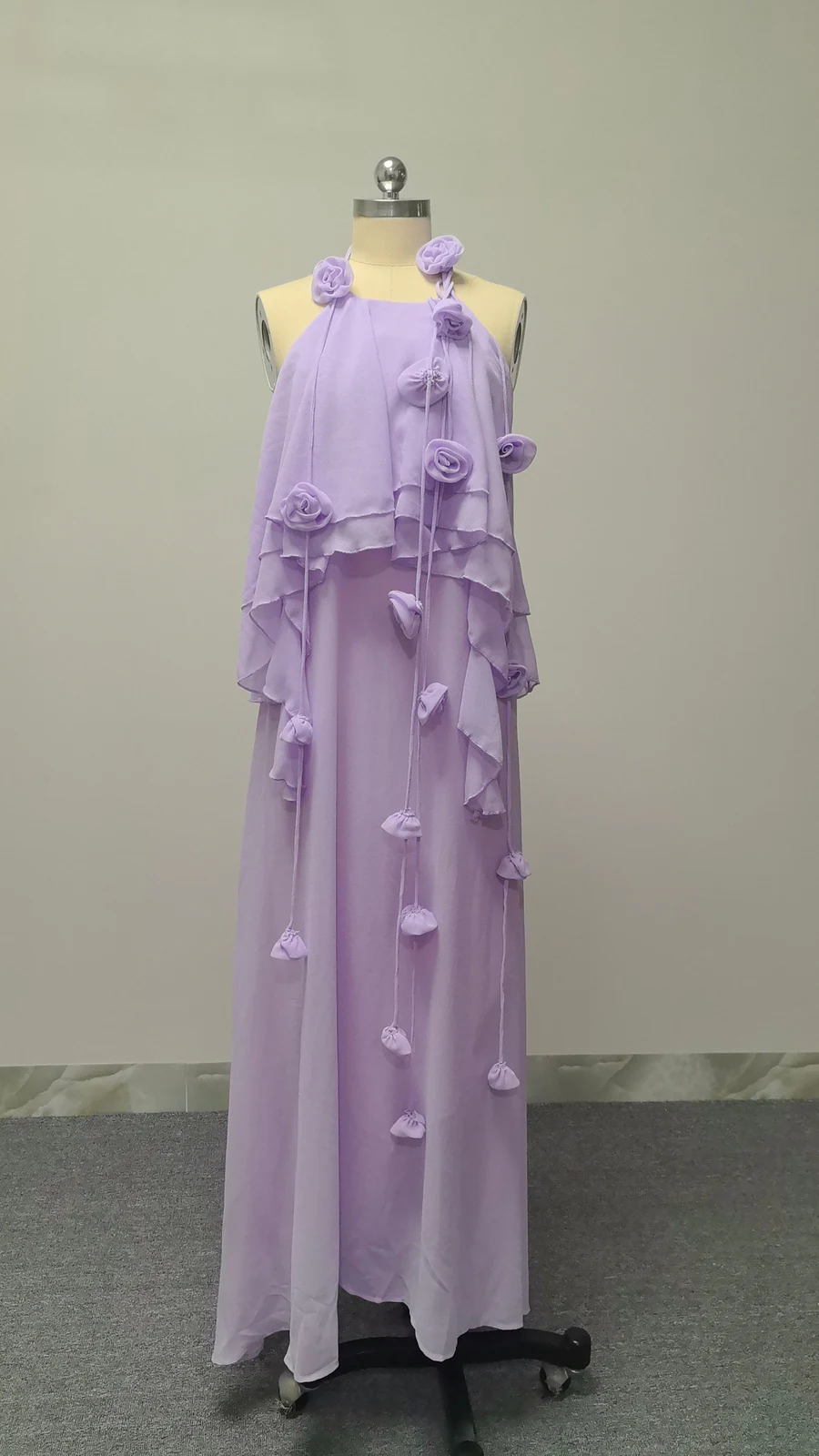 Real photo of lavender 3D rose chiffon maxi dress on a mannequin