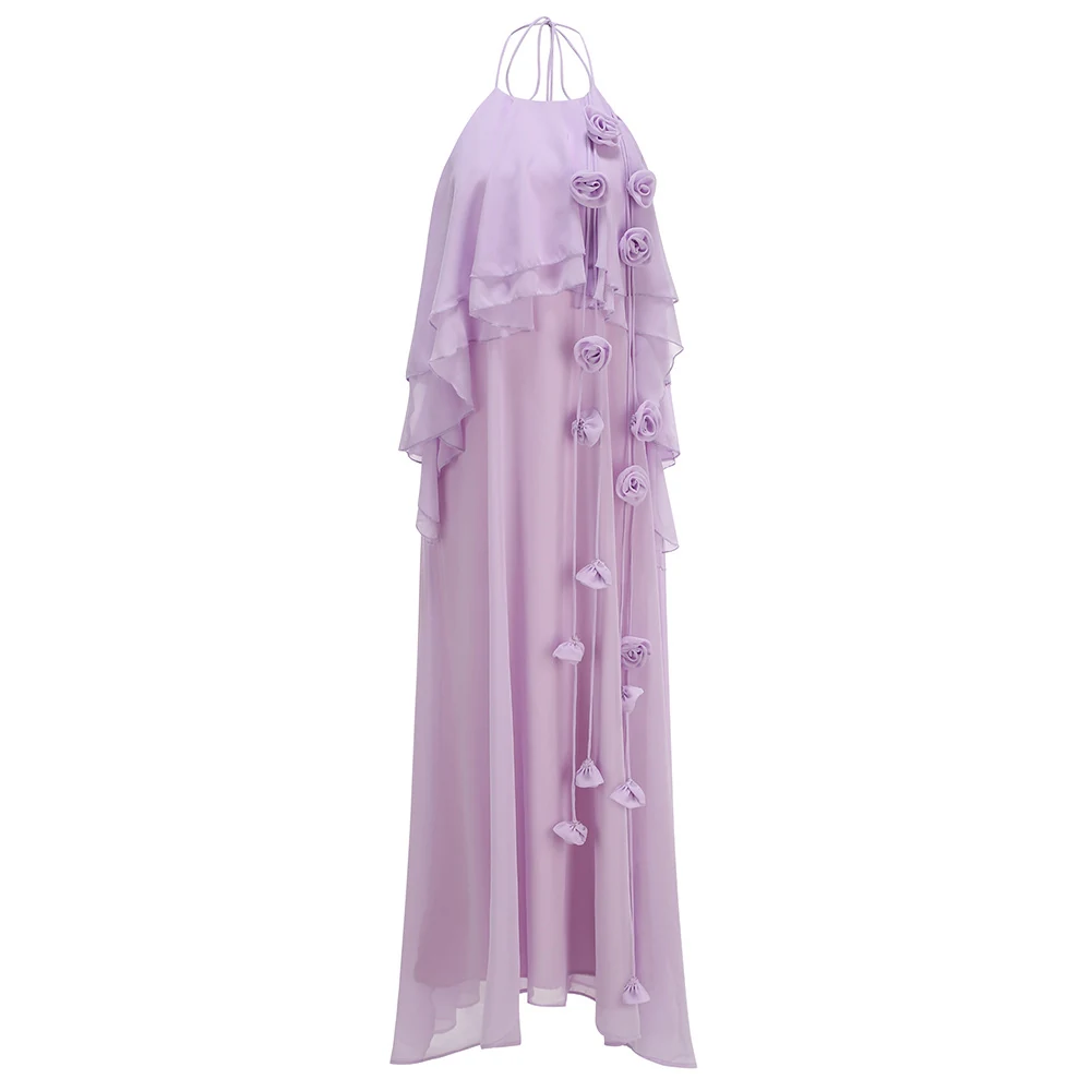 Real photo of lavender halter 3D rose chiffon maxi dress, front view