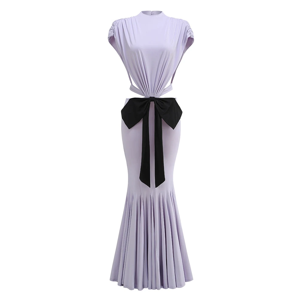 Real photo of lavender mermaid maxi dress with black bow, front view