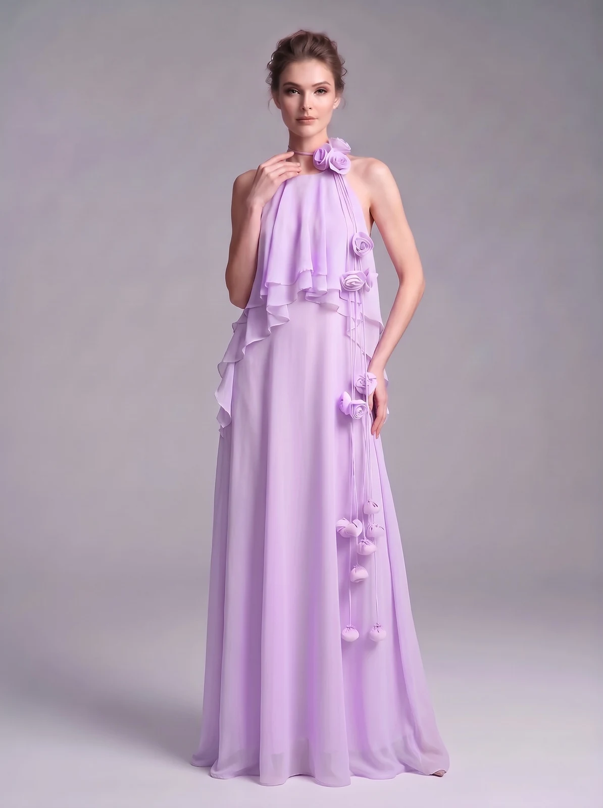 Model wearing lavender halter 3D rose tiered ruffle chiffon maxi dress, front view