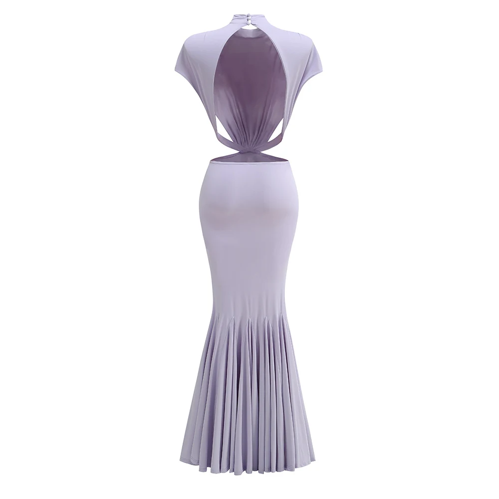 Real photo of lavender mermaid maxi dress with open back