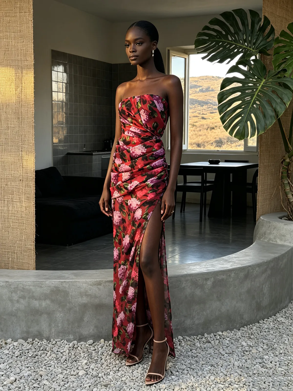 Model wearing multi strapless floral draped high slit maxi dress, front view