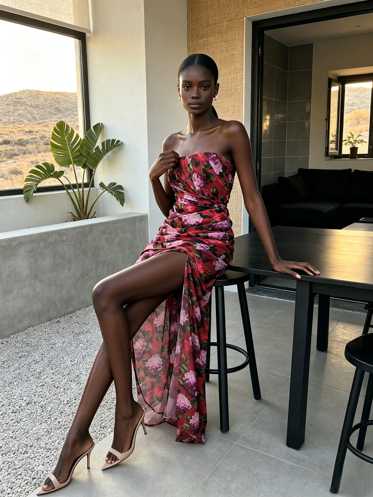Model in multi strapless floral draped high slit maxi dress seated indoors