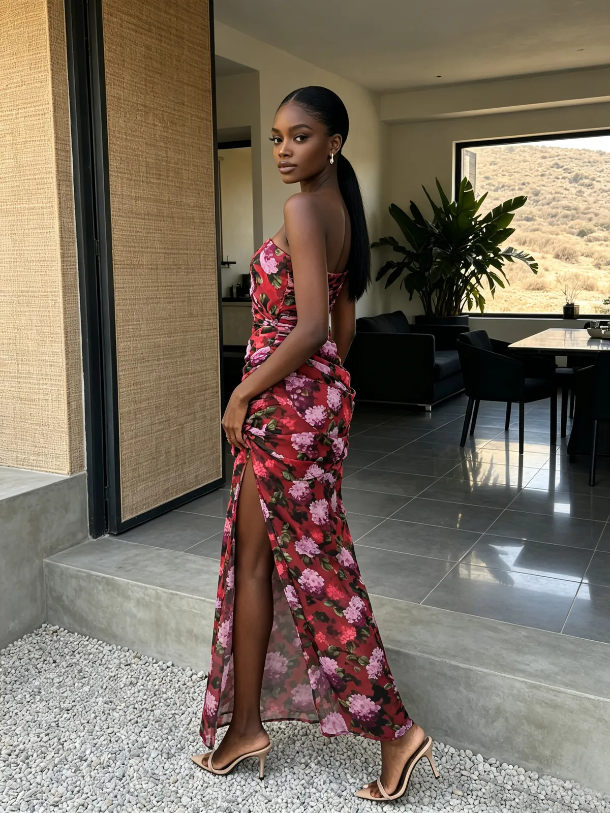 Side view of multi strapless floral draped high slit maxi dress